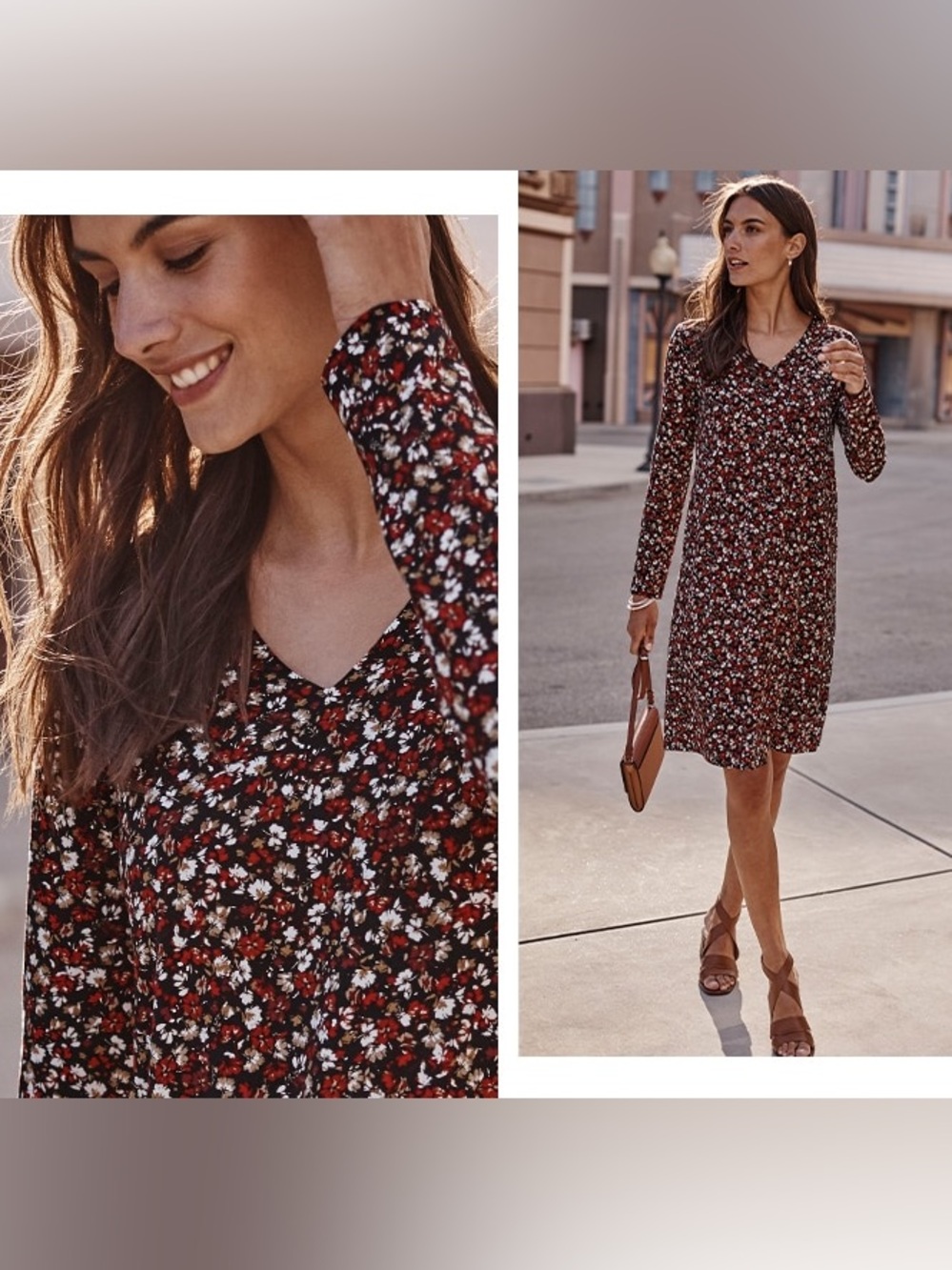 J Jill Floral V-Neck Long Sleeve Shift Dress - Red Multi size medium